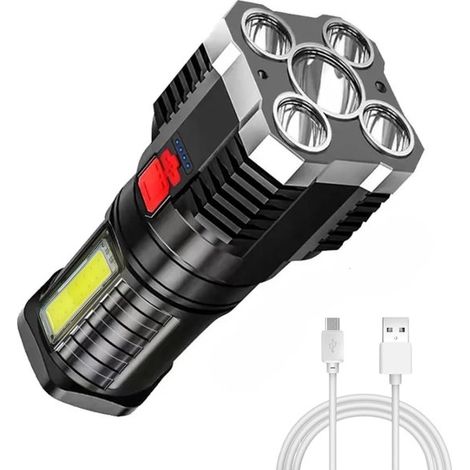 Torcia tattica ricaricabile con tecnologia LED COB avanzata: torcia ricaricabile tramite USB, luce da lavoro resistente all'acqua, 3 modalità di illuminazione, faretto di emergenza, monitoraggio della