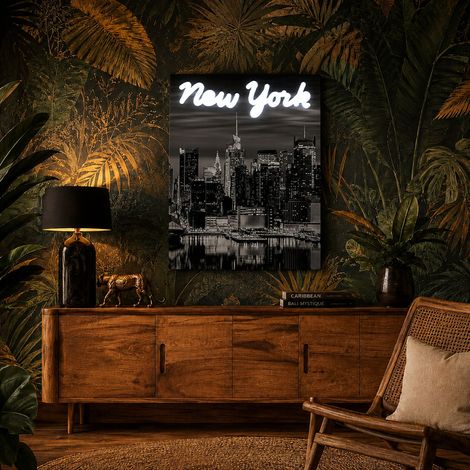 Tableau LED - HOME DECO FACTORY - New York - Luminaire - Décoration lumineuse - Gris et Blanc (1/2)