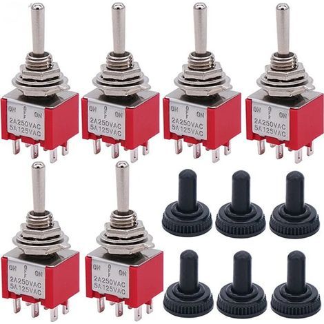 Confezione da 6 mini interruttori a bilanciere a 3 posizioni, 6 pin, ON/OFF/ON, AC 125V 5A, con cappuccio impermeabile MTS-203 (1/3)