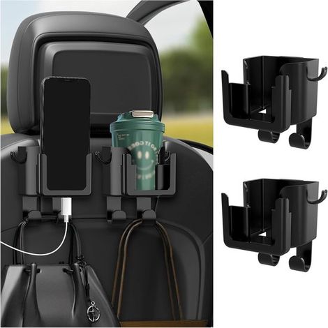 Organizer universale per auto in 2 pezzi: portabicchieri, supporto per telefono, gancio per borsa da fissare al poggiatesta del sedile posteriore. (1/5)