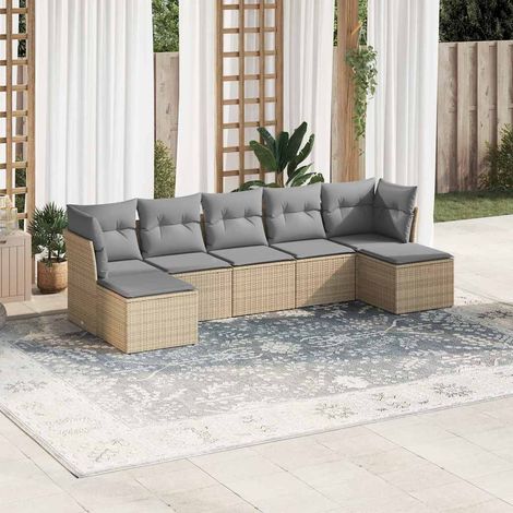 Ensemble salon de jardin en résine tressée 7 pièces avec coussins gris clair - Fauteuils modulables pour terrasse (1/5)