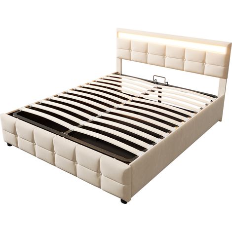 Cama tapizada 180 x 200 cm beige con LED, somier de láminas y elevación hidráulica (1/5)