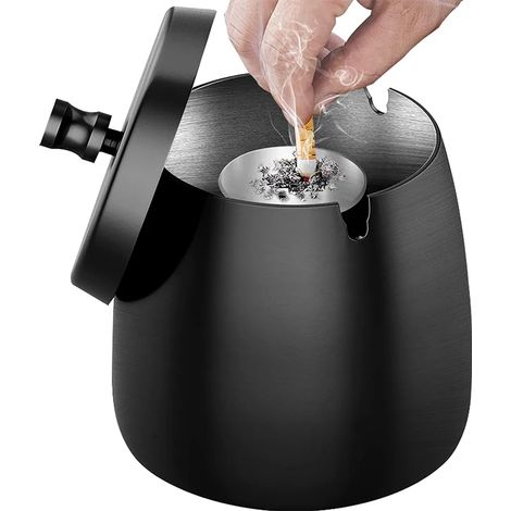 Cendrier avec Couvercle - Cendrier Extérieur, Cendrier Anti-Vent en Acier Inoxydable, Base Antidérapante, Convient pour Intérieur et Extérieur - Noir (1/4)