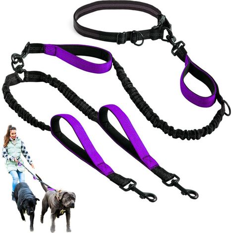 Abnehmbare, freihändige Doppelleine für kleine, mittlere und große Rüden, ideal für Spaziergänge, Joggen und andere sportliche Aktivitäten. Verstellbare, violette Leine. (1/3)