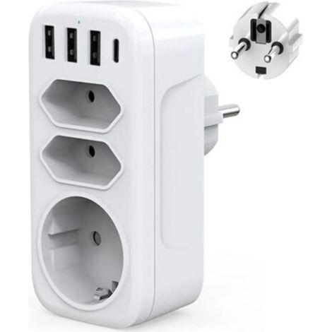 Multiprise murale 4000W : 3USB+Type-C, 1 prise Schuko + 2 prises Euro, usage maison cuisine bureau. (1/5)