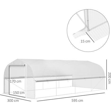 Serre de plain-pied de 6 x 3 x 2 m, 8 fenêtres, porte, moustiquaires, structure métallique, blanche (1/5)