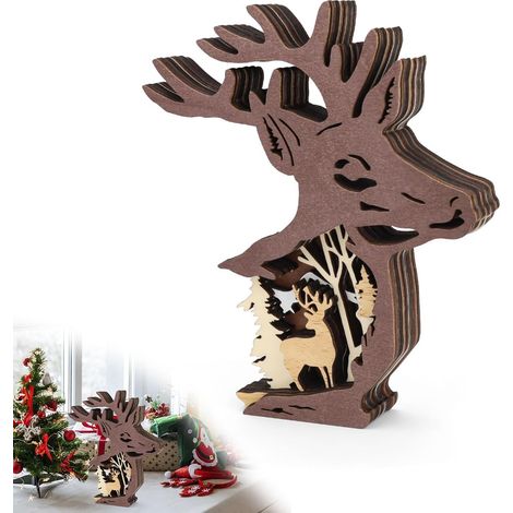 Weihnachtshirsch, Weihnachtsdekoration Hirsch, Retro Holzfigur Skulptur, Overlay, Waldtier Figur Weihnachtsmotiv (1/5)