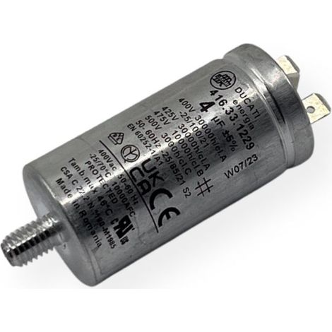 Ducati Energia – Condensateur permanent aluminium 4µF à cosses faston 6.3mm – Ø30x60mm – Compatible sèche-linge, lave-linge, four, pompe