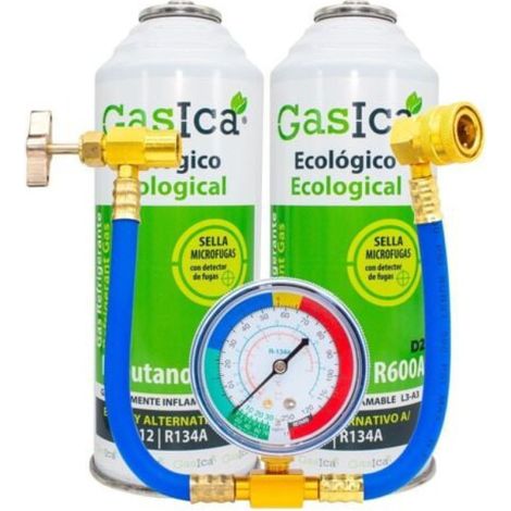 Kit Recarga Gasica D2 Coches  2x226g Sustituto R134a R12  Manguera, Manómetro y Adaptador  Gas Ecológico Alta Eficiencia