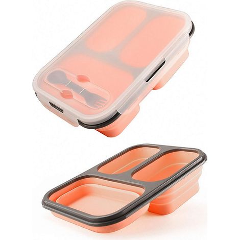 Boîte à lunch pliable en silicone, sûre et sans BPA (trois compartiments-1100 ml-rose)