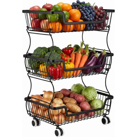 Panier de Fruits et Legumes avec Roues, Corbeille à Fruits à 3 Niveaux, Étagère à légumes pour Cuisine, pour Garde-Manger, Étagères pour Collations, Noir (1/5)