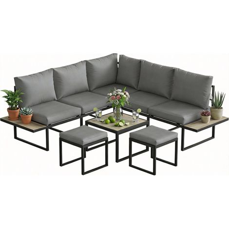 Modulares 6-Personen-Gartenmöbelset mit Couchtisch und Seitenregalen aus PSPC-Holz, 10 cm dicken Kissen, grau