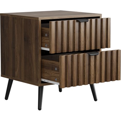 Table de chevet moderne en MDF avec 2 tiroirs, pieds métal noir, noyer, 45x40x53 cm (1/5)