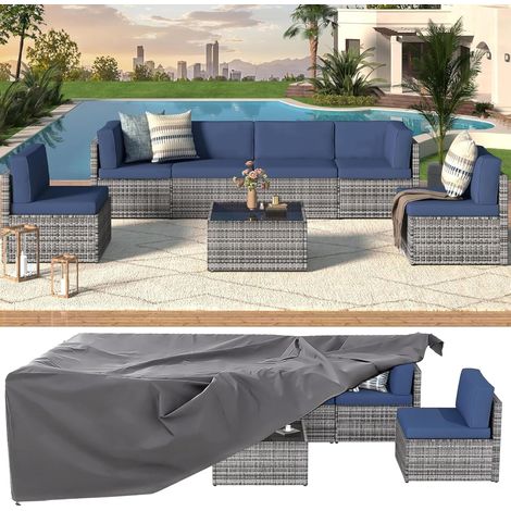 YODOLLA 6-Seater Garden Furniture Sets 8 Pieces Outdoor Patio Rattan Sofa Set with Cover, Grey Rattan&Dark Blue Cushions