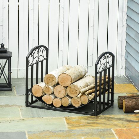 Porte-bûches métallique pour intérieur et extérieur avec étagère courbée - noir - jusqu’à 60 kg de bois - 60,5x36x46,5 cm