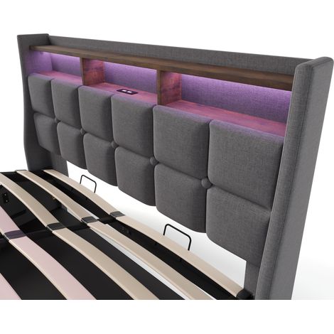 Lit rembourré avec port USB 140x200cm, lit double LED avec sommier à lattes en métal, cadre de lit en lin, lit enfant (avec matelas) (1/5)