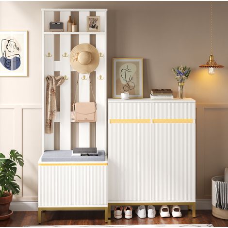 Recibidor con zapatero y banco blanco con perchero, almacenaje, estante y luces LED con control por app – CHICFURN para organizar entradas modernas y funcionales (1/5)