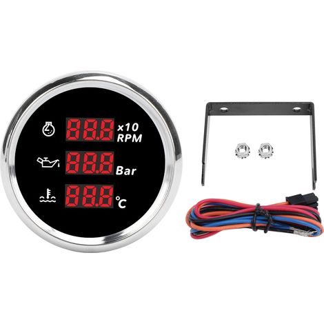 Ortviai Jauge numérique 3-en-1 52 mm pour pression d'huile, température d'eau et régime moteur – cadran noir, lunette argentée, rétroéclairage LED (1/5)