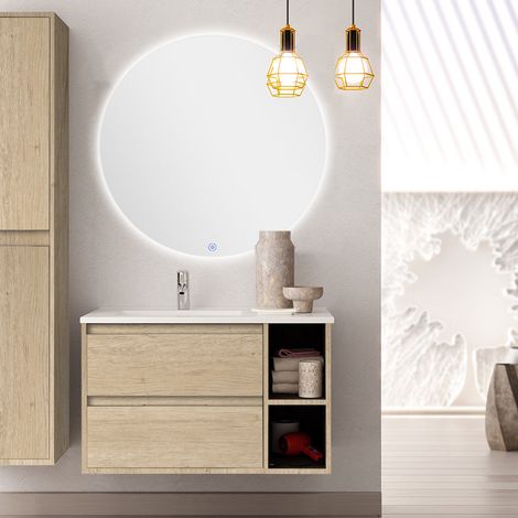 Meuble de salle de bain vasque déportée - 2 tiroirs - cambrian (chêne clair) - OLYMPE et miroir rond Led SOLEN - 80cm (1/5)