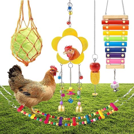 5 Jouets pour Poulailler, Jouets de Poulet pour Poule, Balançoire Arc-en-Ciel, Xylophone de Poule, Miroir de Poulet, Mangeoire à Suspendre pour Poules, Brochette de Fruits et Légumes (1/5)