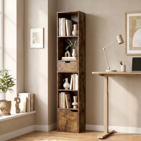 Bibliothèque étroite 30 cm, 4 compartiments, tiroir et placard, étagère réglable, bois brun rustique (1/5)