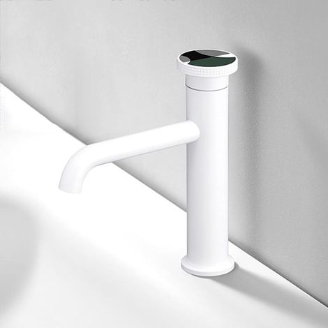 White single-hole mixer tap for modern washbasin, hot and cold water, elegant design, easy installation (1/4)