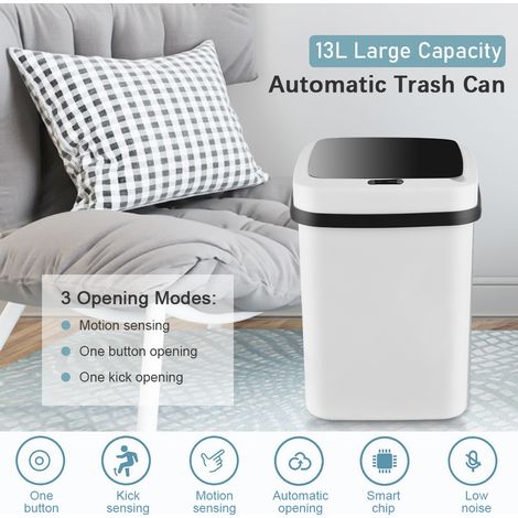 Poubelle automatique grande capacité 13 L avec couvercle sans contact, protection anti-odeurs, capteur de mouvement et 3 modes d'ouverture pour cuisine, chambre, salle de bain et salon. (1/3)