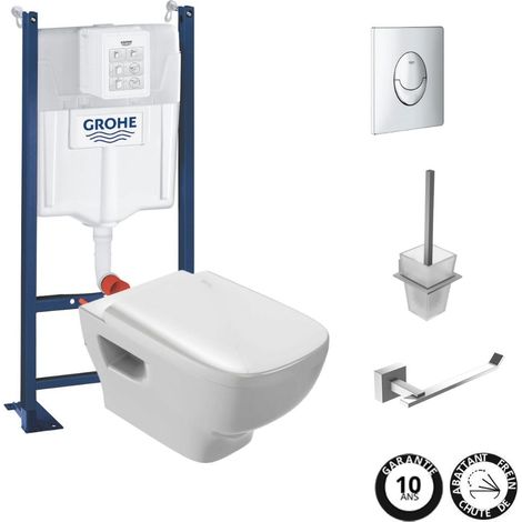 Pack WC suspendu sans bride JACOB DELAFON Struktura + Bati-support GROHE + plaque Start chrome + porte-balai + porte-rouleau carré (1/4)