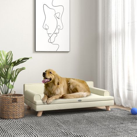 Divano per cani/gatti dal design scandinavo con cuscino morbido sfoderabile e gambe in legno massello, 100 x 62 x 32 cm, beige. (1/5)
