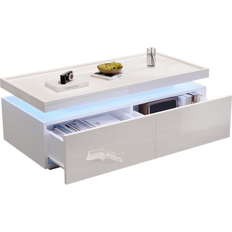 Table basse blanche brillante avec LED, 2 tiroirs et plateau anti-glisse, design moderne minimaliste pour salon (1/5)