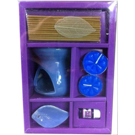 Aromatherapie-Set in Lila – Keramikbrenner mit Räucherstäbchen und Duftöl