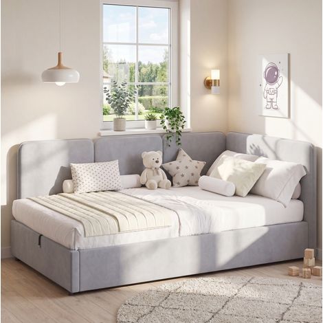 Lit banquette moderne 90x200 cm en velours gris, avec tête de lit, coffre hydraulique et sommier à lattes (1/5)