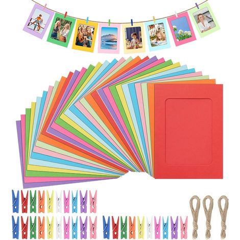 Lot de 30 guirlandes photo - Petit cadre photo - 11,5 x 15,5 cm - En papier multicolore - Avec pinces et 3 cordes de chanvre - Rideau photo pour anniversaire, mariage - Décoration murale (1/5)
