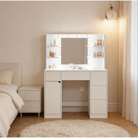 Schminktisch 110/140/40 cm in Weiß mit Spiegel, LED, Steckdosen und Stauraum (1/5)