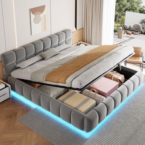 Letto imbottito 180 x 200 cm con fascia luminosa, testiera e sponde con design voluminoso e solido, dotato di funzione di stivaggio idraulico, letto matrimoniale, tessuto velluto, grigio (1/5)