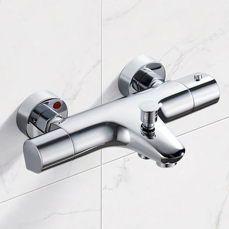 Mitigeur Baignoire Thermostatique, Mitigeur Thermostatique Bain Douche en laiton, avec bouton de sécurité à 38℃, Robinet Thermostatique pour Baignoire avec 2 sorties d'eau, Chromé (1/5)