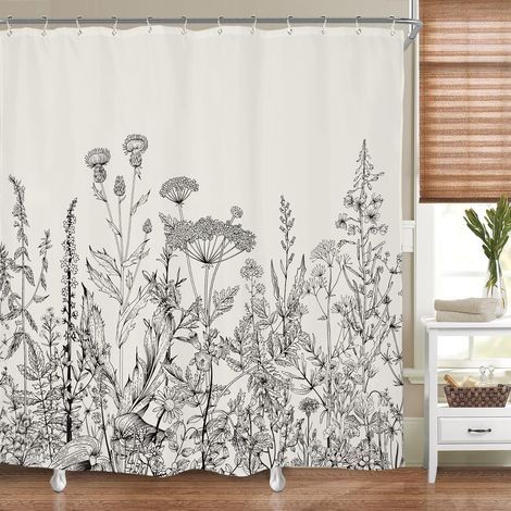 Cortina de ducha con estampado de flores silvestres, plantas botánicas, hierbas, tulipanes, flores silvestres, hojas, boceto, tejido impermeable, 183 x 183 cm, decoración de baño de poliéster, juego (1/5)
