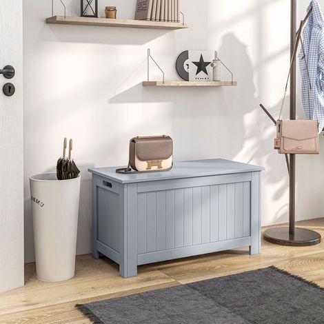 Coffre de rangement avec charnières de sécurité boîte de rangement en bois coffre à jouets couvercle rabattable gris (1/5)