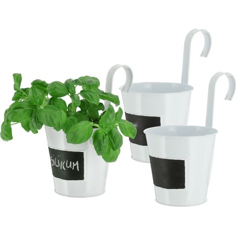 Metall Übertopf zum Hängen in weiß - 3er Set - Blumentopf mit Feld zum Beschriften