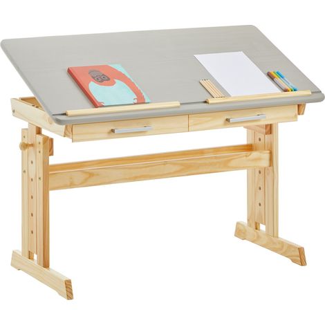 Idimex – Bureau enfant réglable en hauteur 66-100 cm – Plateau inclinable 0-32° – Bois massif vernis gris – 2 tiroirs de rangement