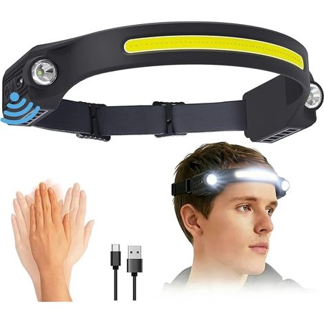 Lampada frontale ricaricabile, torcia frontale COB impermeabile con faretto laterale a LED XPE e sensore di movimento per corsa, campeggio, pesca, ciclismo (1/5)