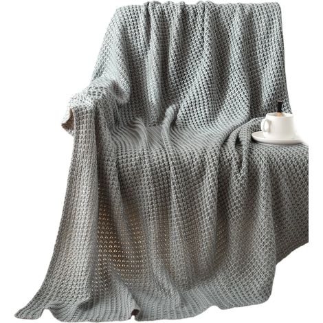 Plaid en maille torsadée 114 x 178 cm, doux et léger, idéal pour le lit, le canapé ou le fauteuil, style champêtre, toutes saisons, gris