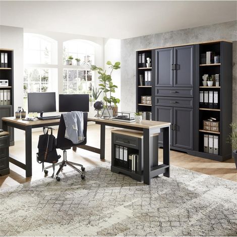 Landhaus Büromöbel Arbeitszimmer Komplett Set 6-tlg. JÜLICH-36 in Graphit mit Artisan Eiche Nb. (1/5)
