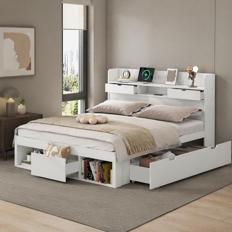 Cama 140x190 cm de madera blanca con USB y almacenaje, sin colchón – MEUBLIV (1/5)