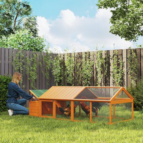 Poulailler de jardin pour 4-8 poules en bois avec filet métallique et toit ouvrant, 240x112.5x76 cm, orange (1/5)