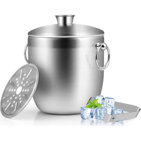 Doppelwandiger Eisbehälter aus Edelstahl 3 Liter mit Deckel und Zange für kalte Getränke und Partys (1/5)