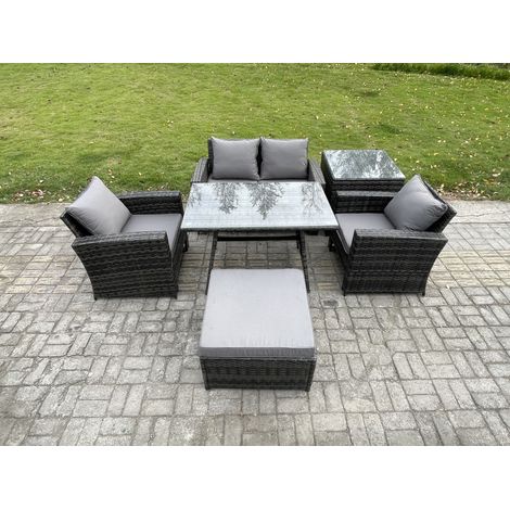 Fimous Outdoor Garden Furniture High Back Rattan Sofa Dining Table Set with Big Footstool Side Table Dark Grey Mixed (1/5)