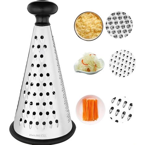 Râpe à fromage 3 côtés en acier inoxydable avec broyeur conique de 25,5 cm – Râpe de cuisine pour fromage, légumes, ail – Protège-main antidérapant