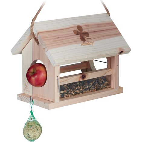 Relaxdays Vogelfutterhaus, mit Meisenknödelhalter & Apfelhalterungen, HBT: 24 x 31 x 20cm, wetterfestes Vogelhaus, natur