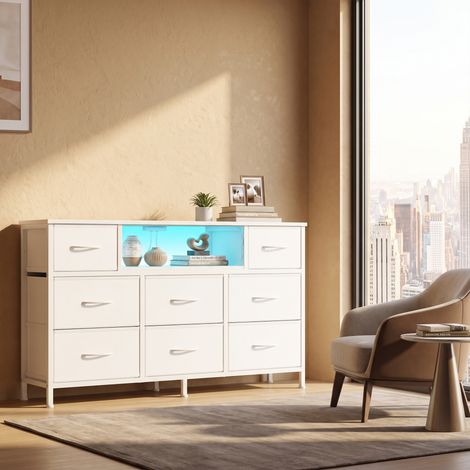 Commode avec 8 Tiroirs, Support TV avec LED et Multiprise, 113,8 x 30 x 68,1 cm, Blanc (1/2)